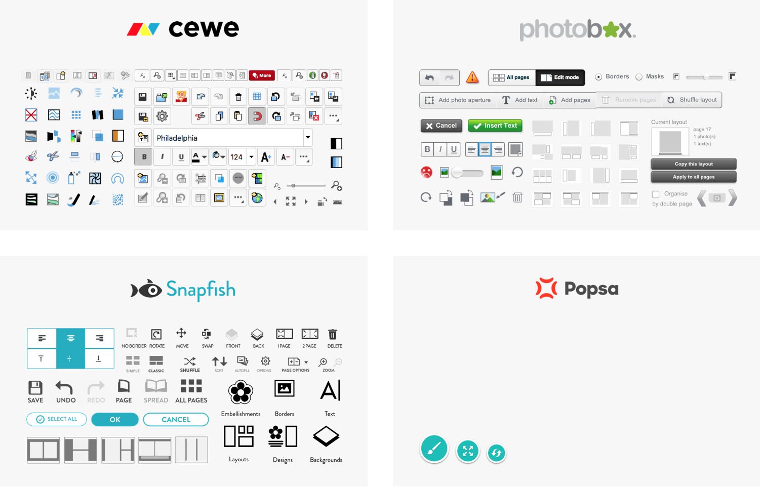 Comparing the user interfaces of Cewe, Photobox, Snapfish and Popsa