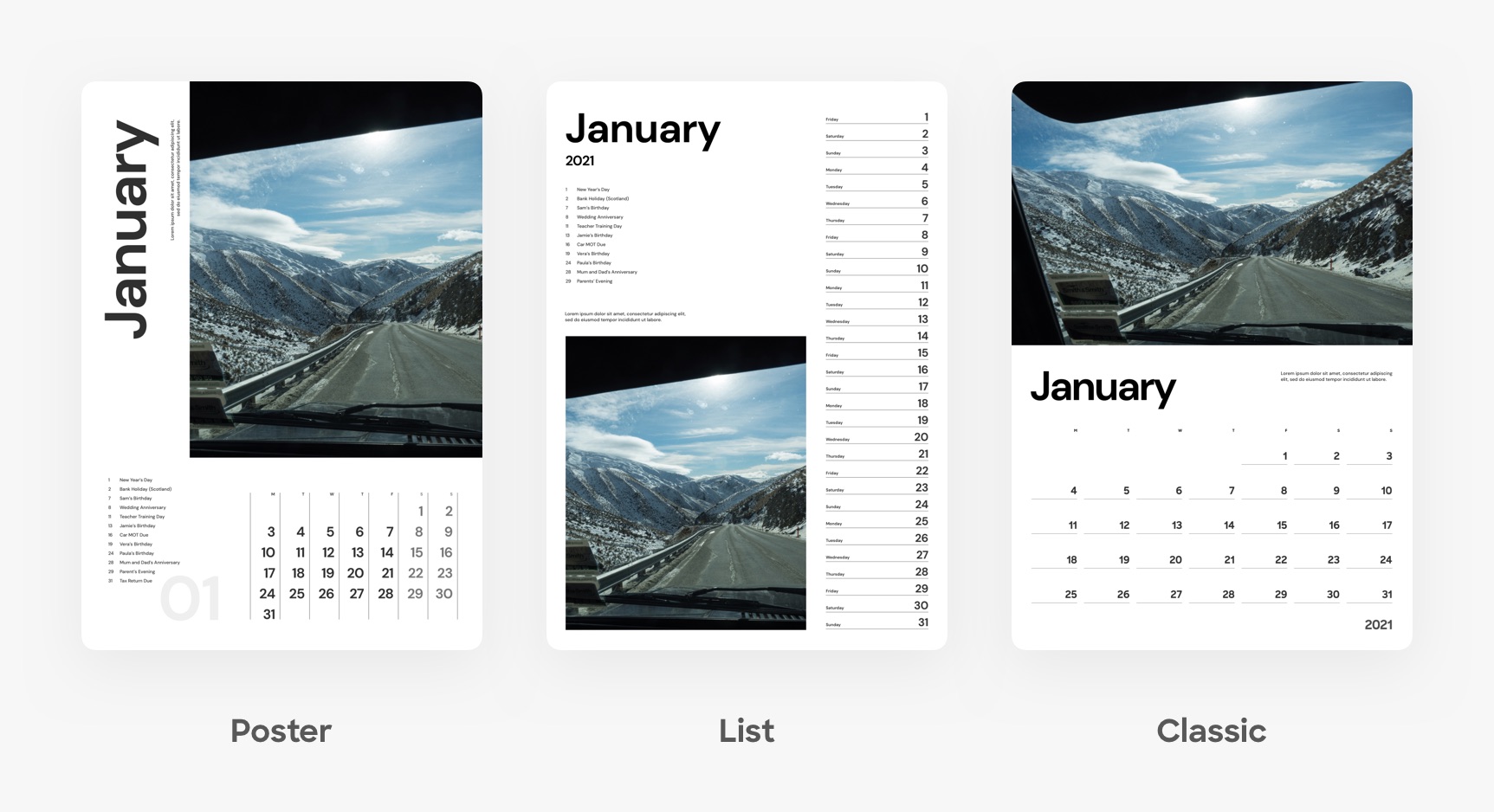 Different types of calendar template